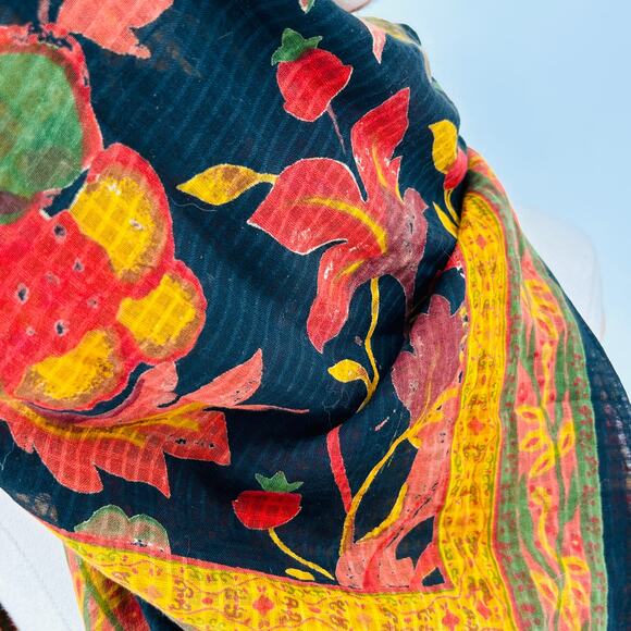 Vintage 70s Black Yellow Floral Handrolled Cotton Scarf - Picture 3 of 6